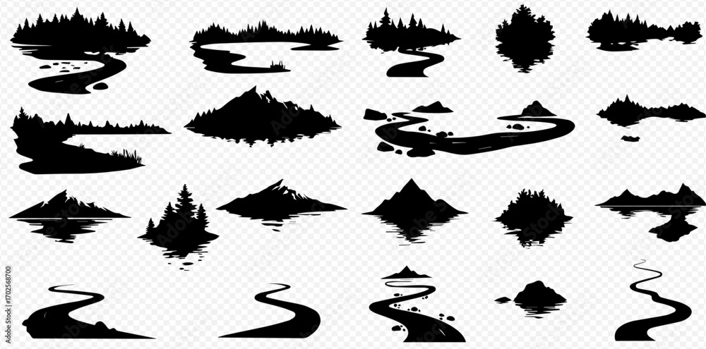 Fototapeta premium A diverse collection of black silhouette natural landscape elements featuring forests, mountains, winding rivers, and calm lake reflections.