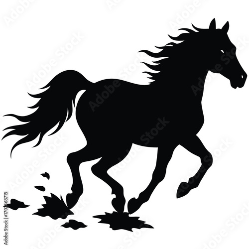 Black silhouette of a horse galloping with mane and tail flowing dynamically stallion mare