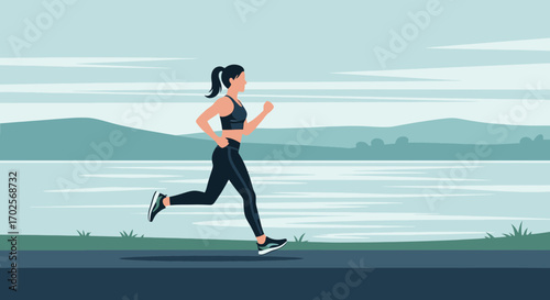 Lady Jogging Alongside Waterside Landscape, Embracing Health And Vitality Outdoors
