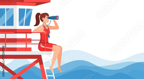 Lifeguard Observing The Sea: Vector Illustration Shows Beach Safety During Summer Days