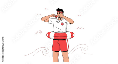 Lifeguard Ready To Assist With A Life Preserver Protecting In Seaside Environment Situation