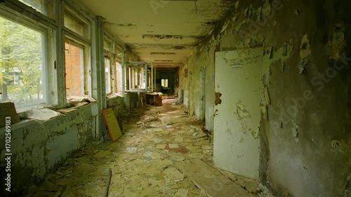 Footage of a decaying and atmospheric abandoned school corridor in Pripyat, Ukraine, a ghost city within the Chernobyl Exclusion Zone. The scene captures the haunting beauty of urban decay, with debri