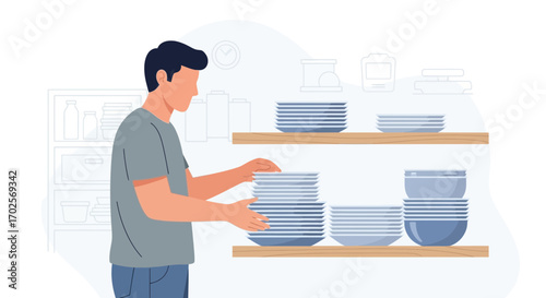 Person Arranging Dishes on Shelves in a Clean Kitchen for Home Decor, Daily Routine