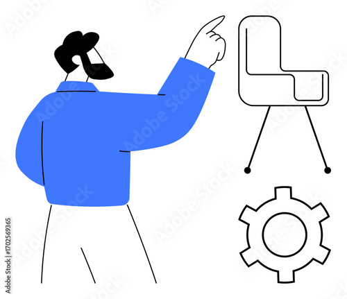 Person pointing to a chair and gear representing workplace planning, productivity, process optimization, goal-setting, teamwork, remote work, and efficiency. Ideal for HR, office tools or a simple