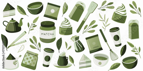 Collection of matcha tea related items and desserts in a charming green and white illustration style