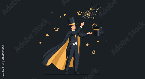 Magician Performing Magical Tricks With Wand And Top Hat Against A Dark Starry Sky Scene