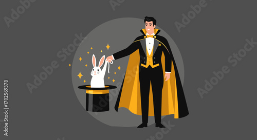 Magician Revealing A White Rabbit From Top Hat With Magical Stars And Golden Accents
