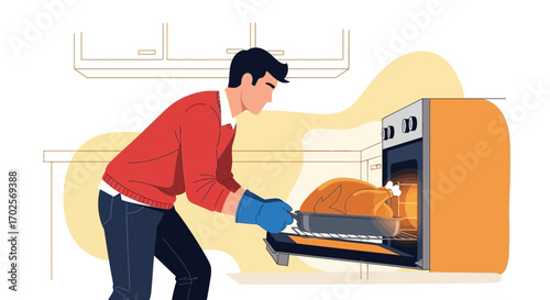 Person Baking A Turkey In Oven For A Festive Dinner In Modern Kitchen Design