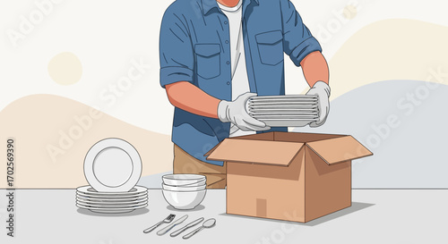 Person Carefully Boxing Dishes Preparing For Relocation Or Storage In A Cardboard Box