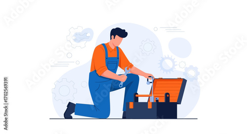 Maintenance Specialist Working with Tools in Vector Illustration Style On White Background