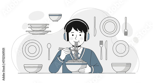 Person Consuming Noodles While Listening Music and Dining Utensils Arrange Around