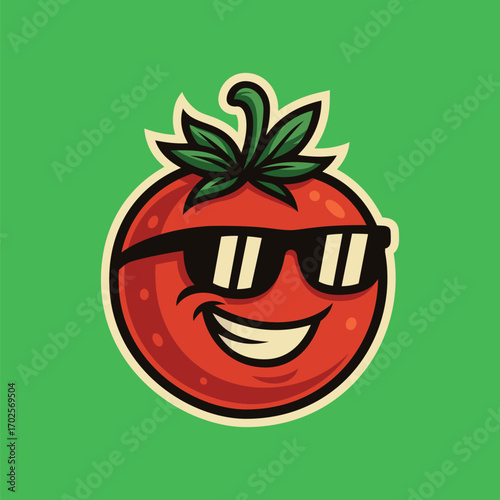Smiling cool tomato with sunglass - cartoon mascot illustration character vector clip - tee design for printing. Good for poster, wallpaper, t-shirt, gift.