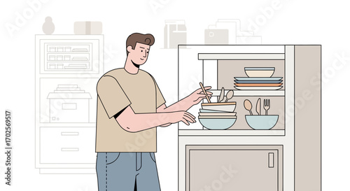 Man Arranging Dishes Inside Cabinet, Simple Lifestyle Domestic Interior Illustration