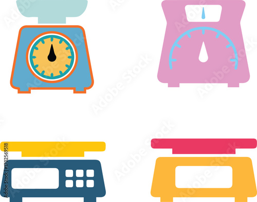  collection of colorful scales set of different scale styles and colors vector illustration of various scales in blue, pink, yellow and orange hues, perfect for kitchen and health designs