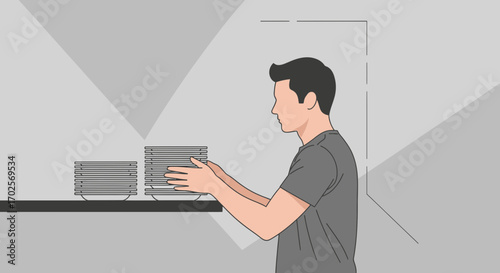 Man Arranging Plates, Culinary Setup, Dining Preparation, Kitchen Organization, Plates Stacked