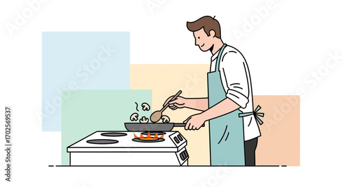 Person Cooking Mushrooms In A Frying Pan With Color Background And Simple Style