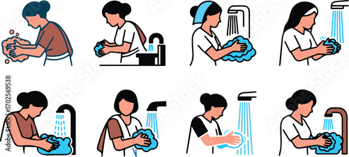  a collection of illustrations depicting the proper handwashing technique, showcasing various individuals washing their hands under running water, emphasizing hygiene and health