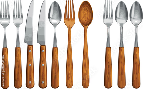 PrintRealistic Vector Illustration of Wooden Handle Forks, Knives, and Spoons Kitchen Cutlery Set for Cooking, Dining, and Restaurant Use