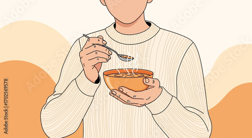 Person Eating Comforting Soup With A Spoon In A Warm, Relaxing And Peaceful Moment