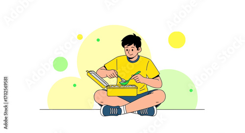 Person Eating Lunch, Illustration of Cartoon Character, Healthy Food, Eating Time Vector