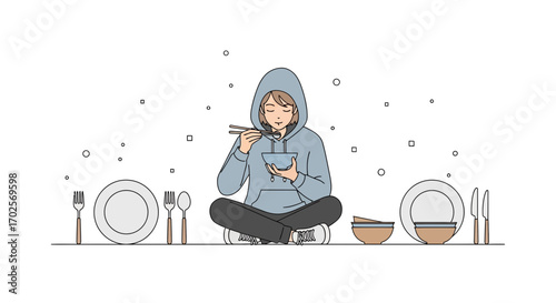 Person Eating Noodles Alone, Modern Minimalist Illustration, Peaceful Moment Of Solitude