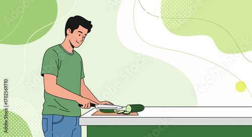 Man Chopping Cucumber On Cutting Board Against A Green-Abstracted Background Scene