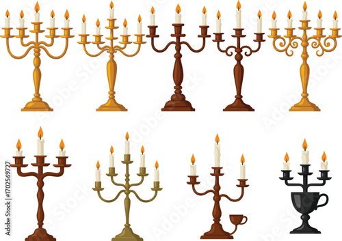 PrintVector collection of elegant vintage candelabras with burning candles, various styles and colors, perfect for decoration and design projects
