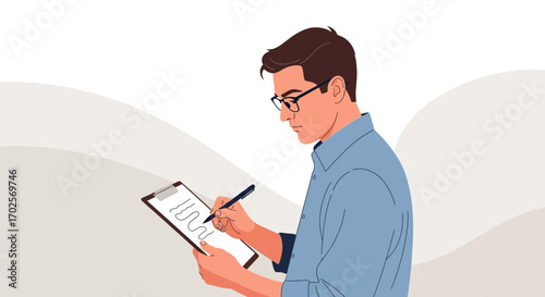 Man Concentrating on Meticulous Record Keeping with Pen and Clipboard Detailed Document