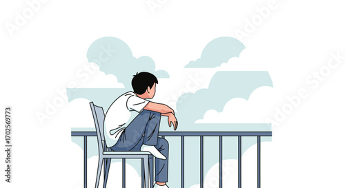 Man Contemplating Life While Watching Clouds Resting Upon Outdoor Balcony Perspective