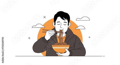 Man Consuming Noodles With Chopsticks Depicted Within Minimalist Illustration Design