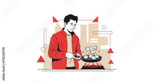 Man Cooking Dumplings, Kitchen Scene, Conceptual Illustration, Culinary Arts, Gourmet Food
