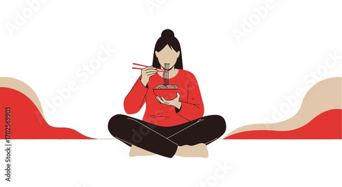 Person Enjoying Noodles, Simple Vector Illustration With Lotus Position, Healthy Lifestyle