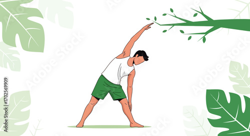 Man Doing Yoga Exercises In Nature And Harmonious With Greenery Elements