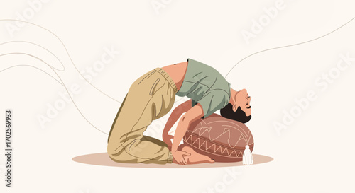 Man Doing Yoga Pose on Floor with Decorative Pillow for Wellness and Mindful Practice