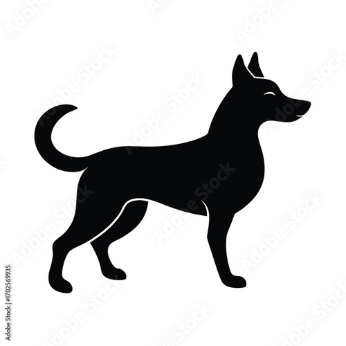 Black silhouette of a standing dog with closed eyes on a white background animal