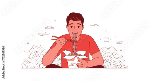 Man Eating Asian Noodles From a Box, Minimalist Flat Illustrated Graphic Design