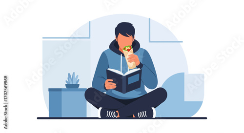 Person Enjoying Snack And Book At Same Time For Rest And Leisure Illustrated Concept
