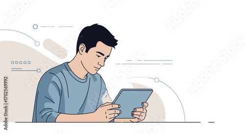 Man Engrossed In Work, Focused, And Absorbed In Digital Tablet At White Backdrop