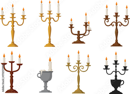 PrintVector illustration of antique candelabras with burning candles, wax drips, classic holders, elegant design, vintage style, glowing flame, decoration, light