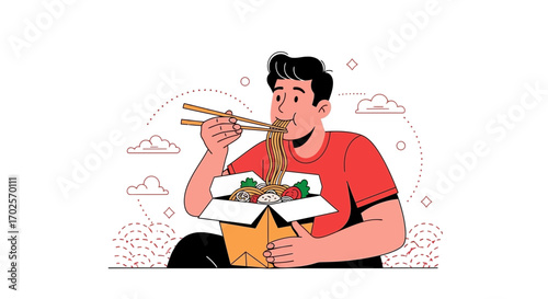 Man Enjoying Delicious Noodles from Takeout Container in Vector Illustration