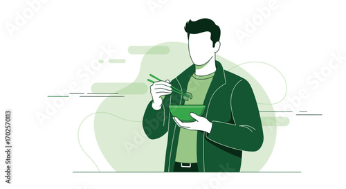 Man Enjoying Meal Of Noodles, Contemporary Design Style, Conceptual Illustration