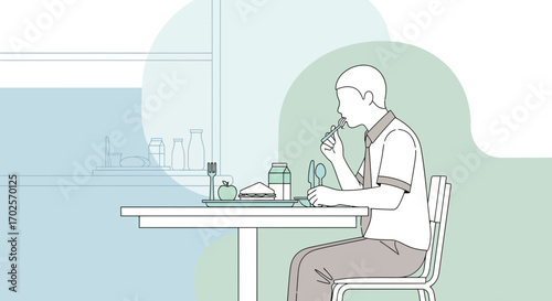 Man Enjoying Lunch In Restaurant Dining, Eating With Fork And Knife, Modern Line Art Illustration