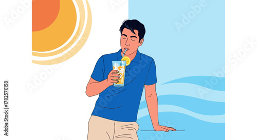 Man Enjoying Refreshing Drink Outdoors on a Sunny Day with Lemon Slice