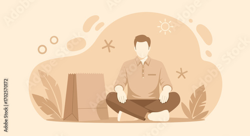 Person Meditating Beside A Bag With Abstract Elements And Minimalist Style