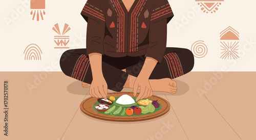 Person Meditating Enjoying a Plate Of Culinary Delights With Traditional Cultural Symbols