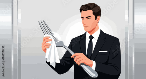 Man Examining Oversized Fork, Impeccable Presentation, Cleanliness Obsession Focused Illustration