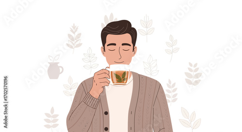 Man Enjoying Tea, Depicting Calmness, Relaxation, and Peaceful Moments in Everyday Life
