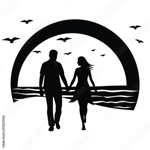 Couple holding hands walking on beach under an arch with birds flying love romance