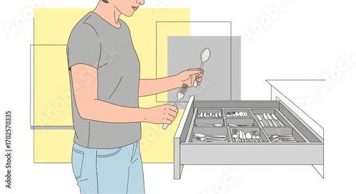 Person Organizes Cutlery In Kitchen Drawer, Creating A Calm And Orderly Environment