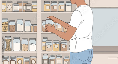 Person Organizing Jars Of Food In Well-Stocked Pantry with organized storage